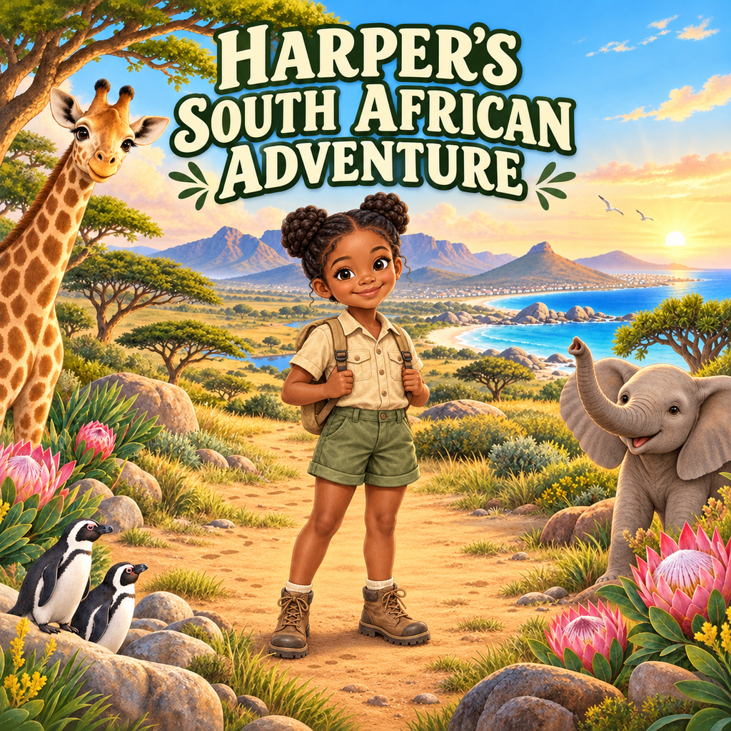 Sample cover of a personalized South African children’s adventure book featuring Harper