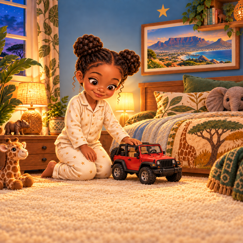 Sample interior illustration: child playing with a red toy jeep at bedtime; personalized text is added to the final PDF
