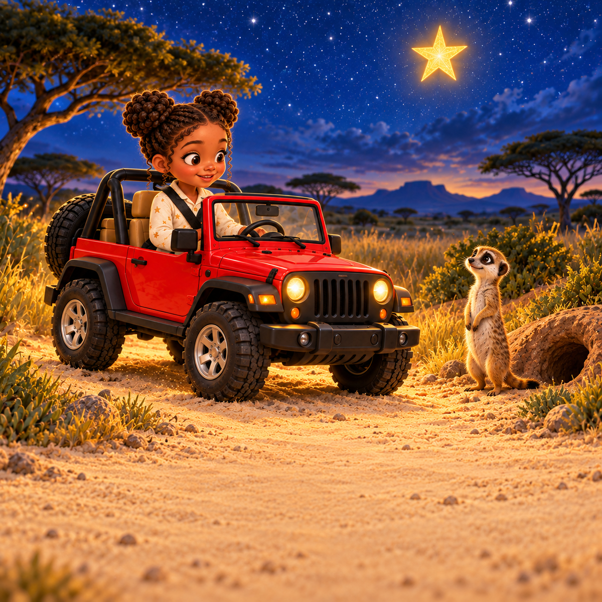 Sample interior illustration: explorer meets a meerkat under a starry sky; personalized text is added to the final PDF