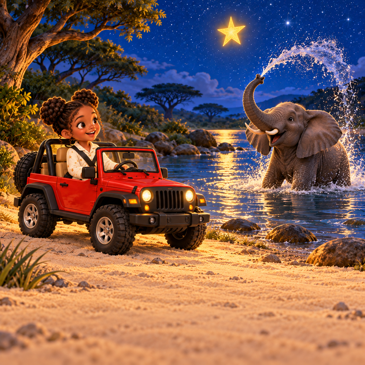 Sample interior illustration: explorer meets an elephant by the river; personalized text is added to the final PDF